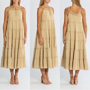 Anthropologie Neutral Tiered Tie-Shoulder Maxi Dress